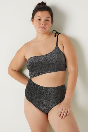 Pure Black Victoria's Secret Shimmer One Shoulder Swimsuit | 7106YXAJC