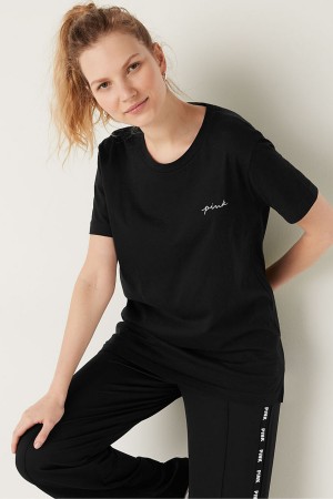 Pure Black Victoria's Secret Short Sleeve T-Shirt | 4016QKJVD