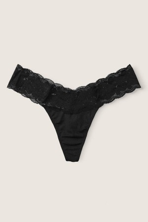 Pure Black Victoria's Secret Stretch Cotton Lace Trim Thong Knickers | 4182XCFAQ