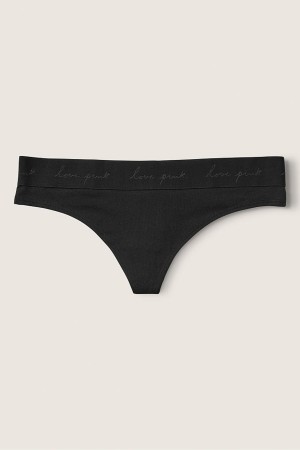 Pure Black Victoria's Secret Stretch Cotton Cotton Logo Thong Knickers | 2794JRLDT