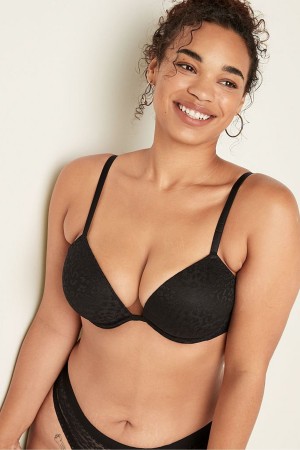 Pure Black Victoria's Secret Wear Everywhere Add 2 Cups Lace Push Up T-Shirt Bra | 2357LQSNC