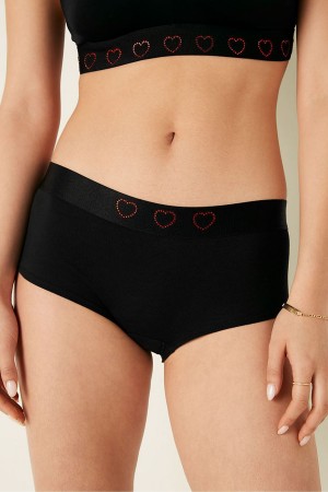 Pure Black with Short Diamente Band Black Victoria's Secret Stretch Cotton Cotton Logo Short Knickers | 7839EJGBN