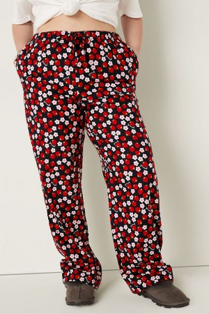 Pure Black with Strawberry Print Victoria's Secret Flannel Pyjama Bottoms | 9173UAOJL