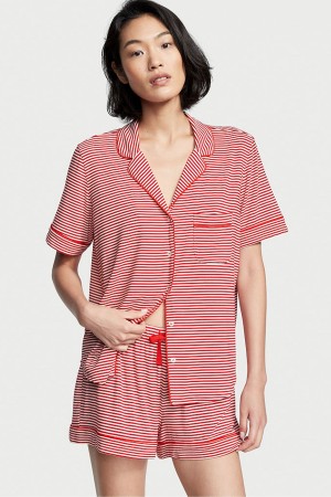 Red Stripe Victoria's Secret Modal Pyjama Short Pyjamas Set | 7642BYVIE