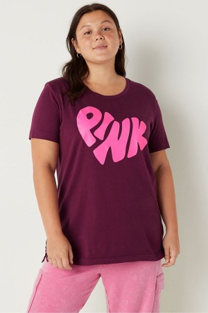 Rich Maroon Pink Graphic Victoria's Secret Cotton Short Sleeve Campus T-Shirt | 2816YPTJA