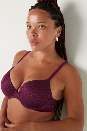 Rich Maroon Purple Victoria's Secret Wear Everywhere Lace Lightly Lined Push Up T-Shirt Bra | 5106UXGRO