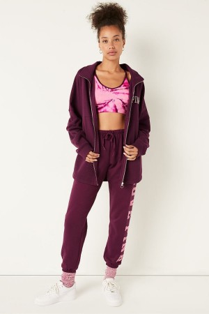 Rich Maroon Shine Victoria's Secret Fleece Oversized ZipUp Sweatshirt | 8410ADNTX