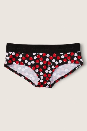 Strawberry Floral Print Pure Black Victoria's Secret Stretch Cotton Cotton Logo Hipster Knickers | 0165LPWIA