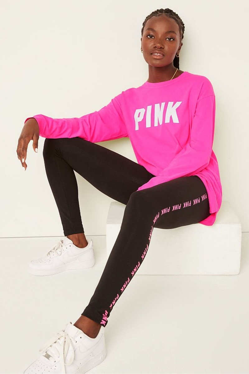 Atomic Pink Sans Logo Victoria's Secret Cotton Long Sleeve Campus T-Shirt | 7048WBVHK