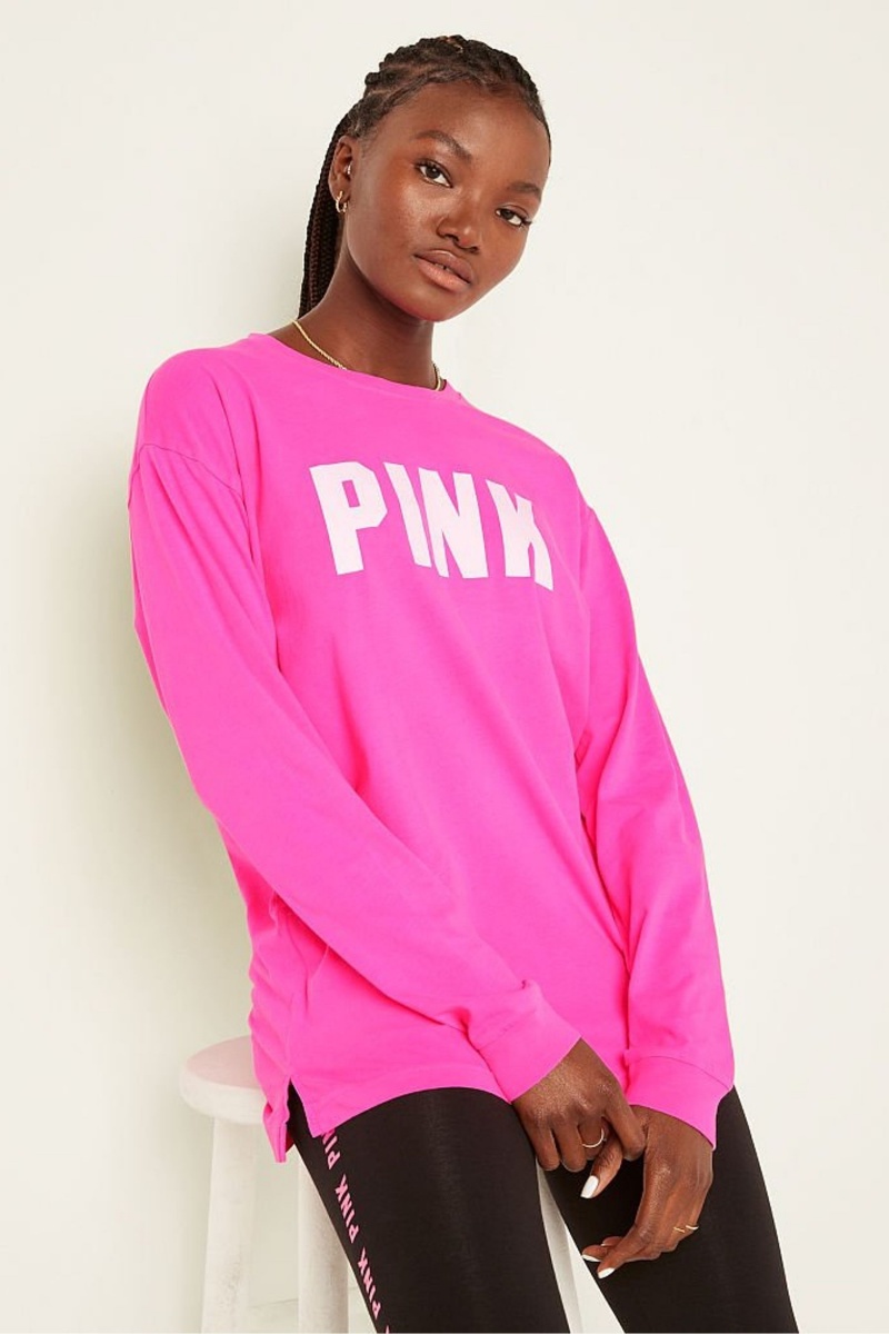 Atomic Pink Sans Logo Victoria\'s Secret Cotton Long Sleeve Campus T-Shirt | 7048WBVHK