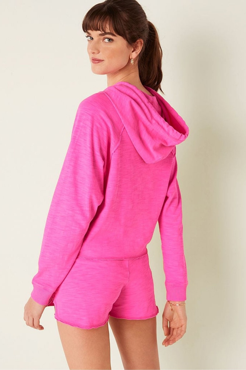 Atomic Pink Victoria's Secret Cotton Slub Crop Cut Off Full Zip Hoodie | 7386TGXBY