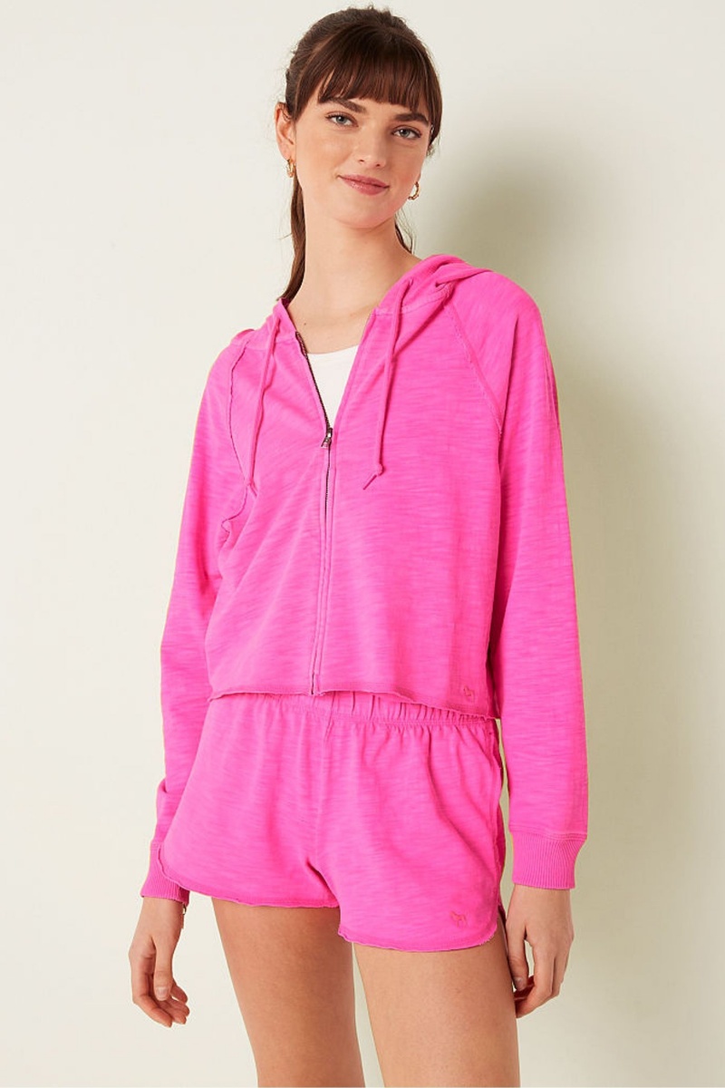 Atomic Pink Victoria\'s Secret Cotton Slub Crop Cut Off Full Zip Hoodie | 7386TGXBY