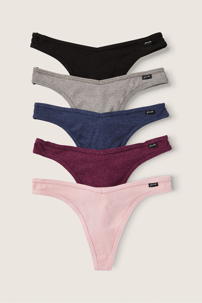 Black/Grey/Blue/Burgundy/Pink Victoria\'s Secret Stretch Cotton Cotton Thong Knickers 5 Pack | 8456AKLZE