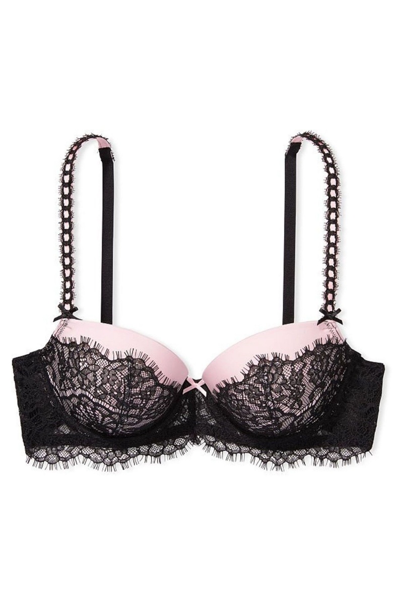 Black And Pink Victoria's Secret Dream Angels Lace Push Up Bra | 6374ACORV