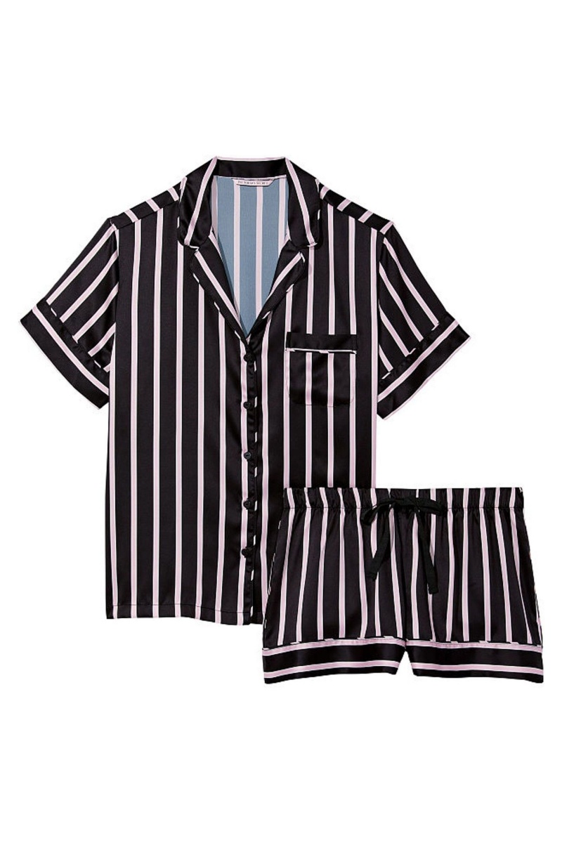 Black Classic Stripe Victoria's Secret Satin Short Pyjamas | 0539AMHYK