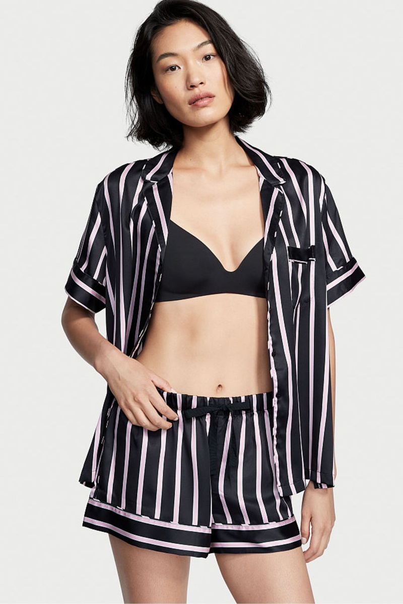 Black Classic Stripe Victoria\'s Secret Satin Short Pyjamas | 0539AMHYK