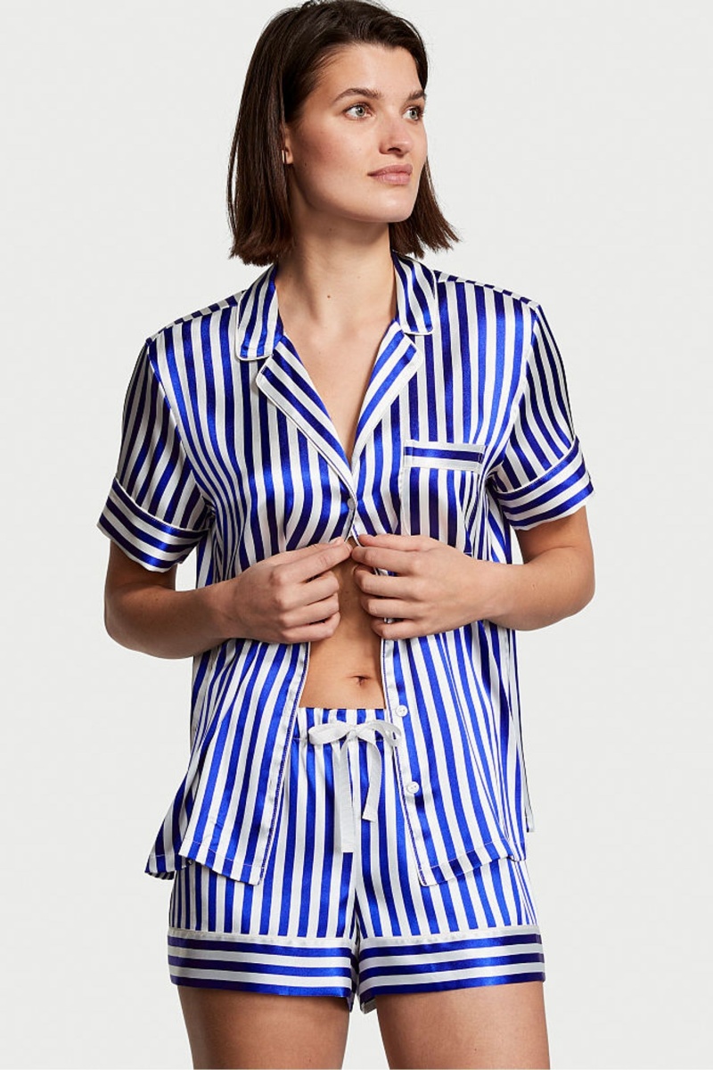 Black Classic Stripe Victoria\'s Secret Satin Short Pyjamas | 2389GYHCJ