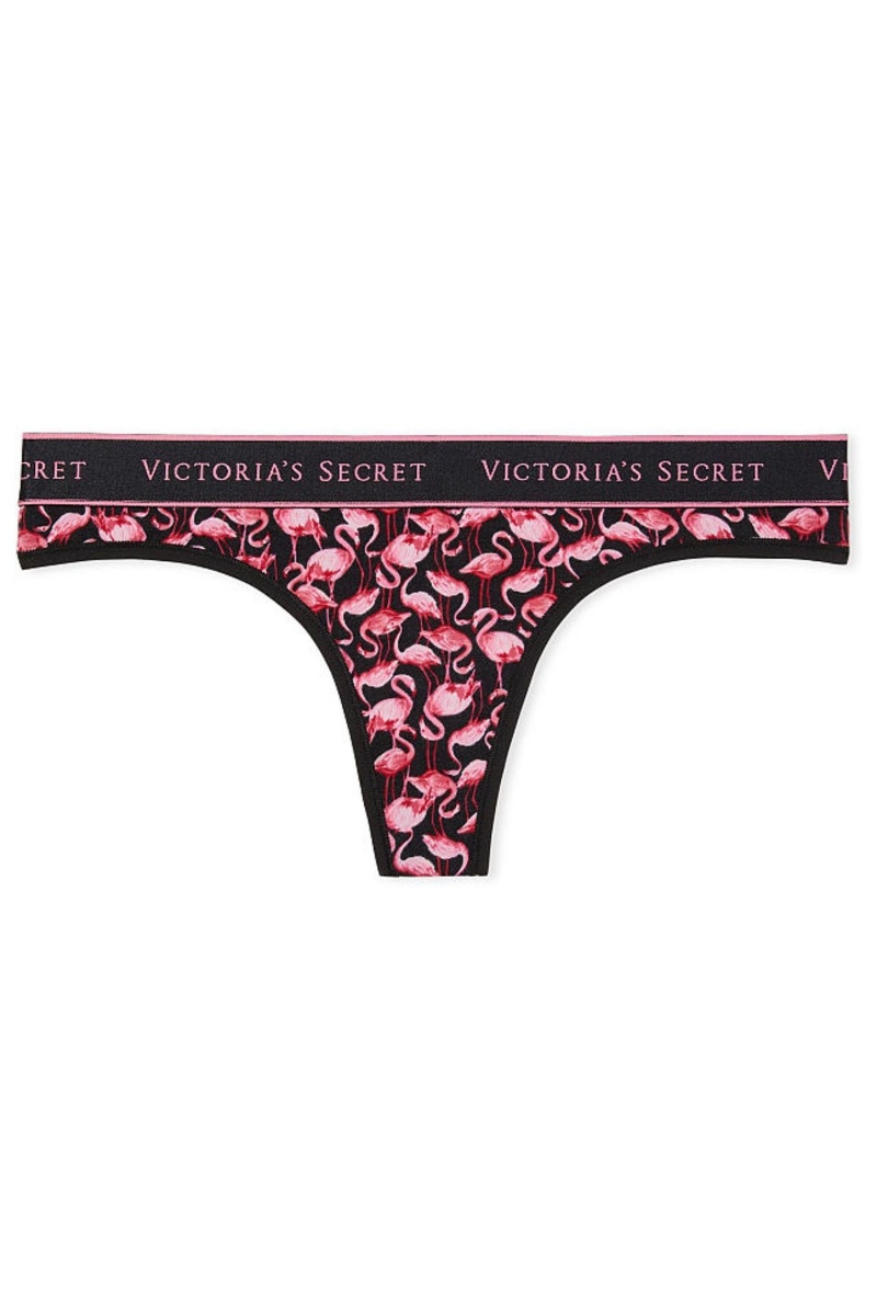 Black Flamingo Party Victoria's Secret Stretch Cotton Cotton Logo Thong Knickers | 5872HLNTZ