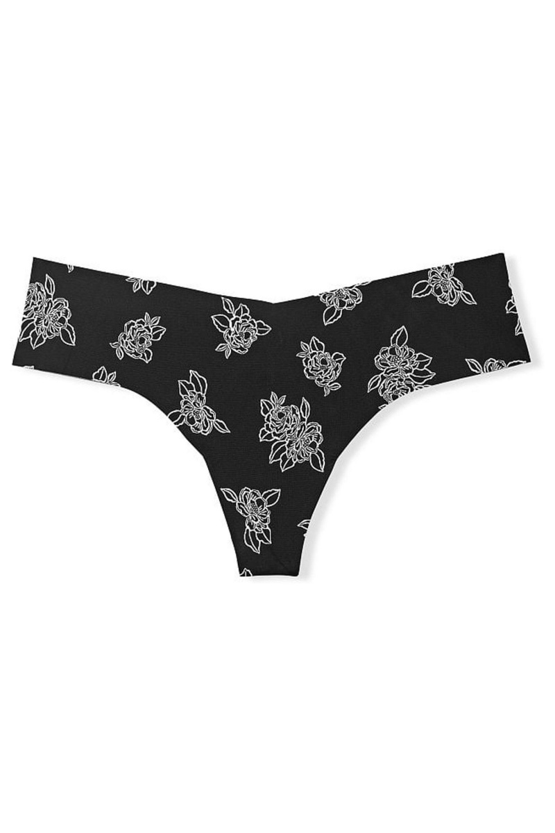 Black Floral Outline Victoria's Secret Sexy Illusions by Victorias Secret Smooth No Show Thong Knickers | 8201JTUCR