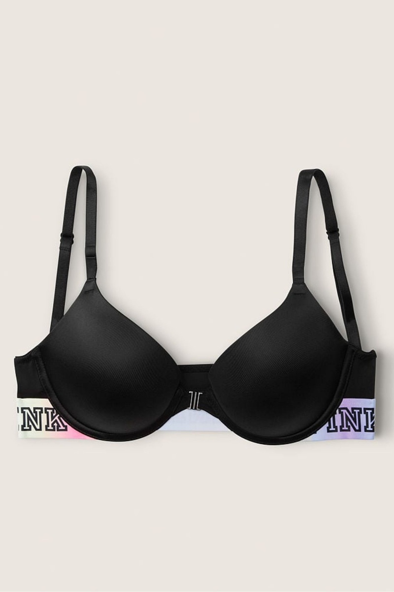 Black Logo Victoria's Secret Wear Everywhere Front Close Push Up Bra | 0793ZACNP