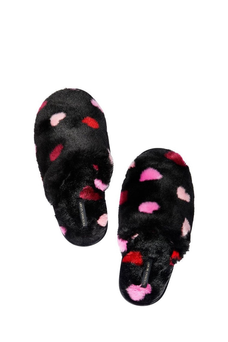 Black Multi Heart Victoria\'s Secret Closed Toe Faux Fur Slipper | 2190NKHMP