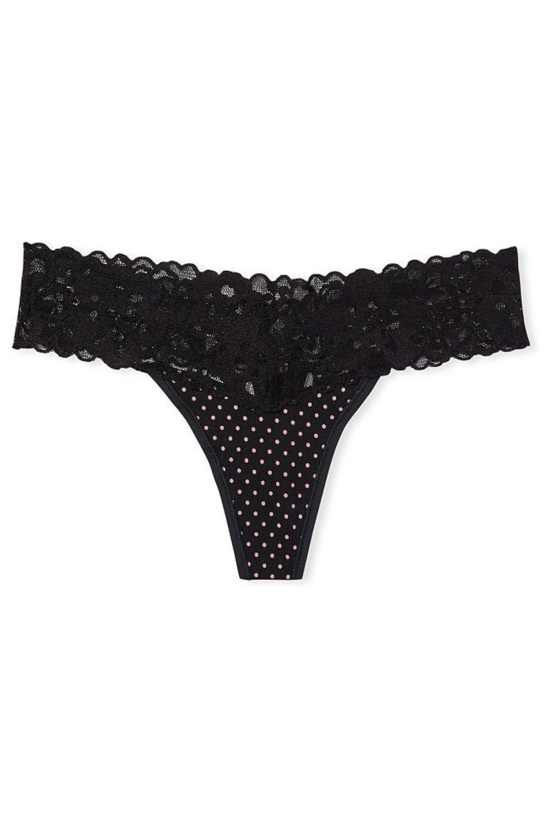 Black Pearl Grey Victoria's Secret Cotton Lace Waist Thong Knickers | 6824YLPWJ