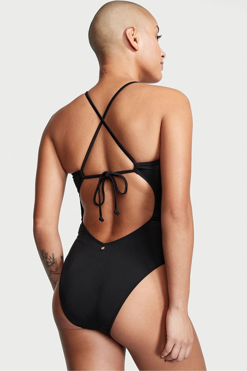 Black Shine Victoria's Secret Ruched Shine Cut Out One Piece Swimsuit | 1238YBAPW