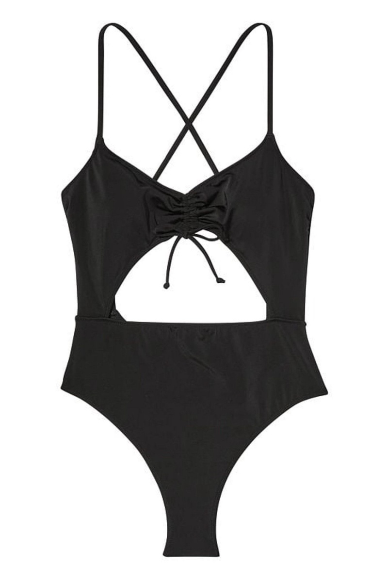 Black Shine Victoria's Secret Ruched Shine Cut Out One Piece Swimsuit | 1238YBAPW