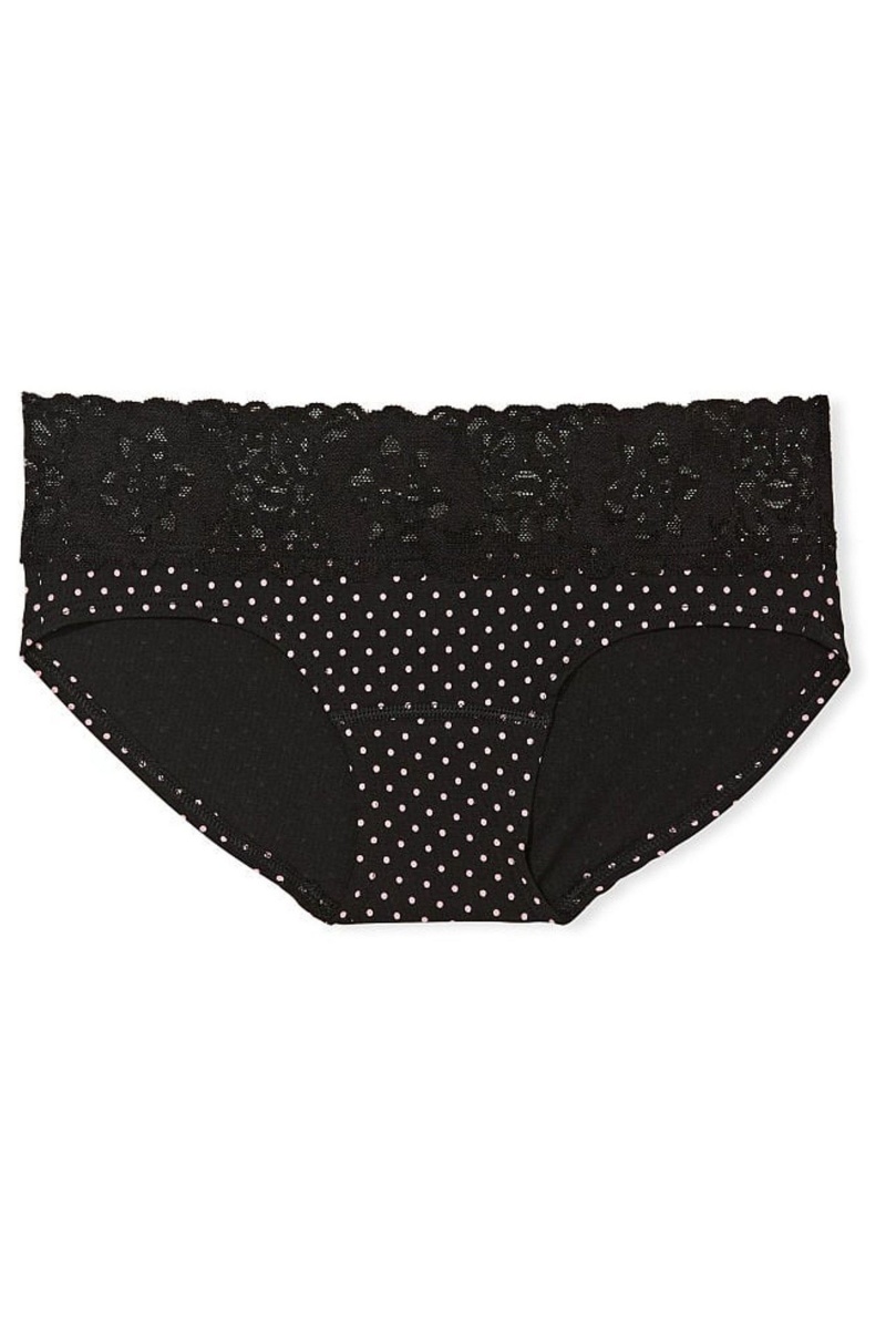 Black Tiny Mini Dot Victoria's Secret No-Show Lace Waist Hipster Knickers | 5698PFMYU