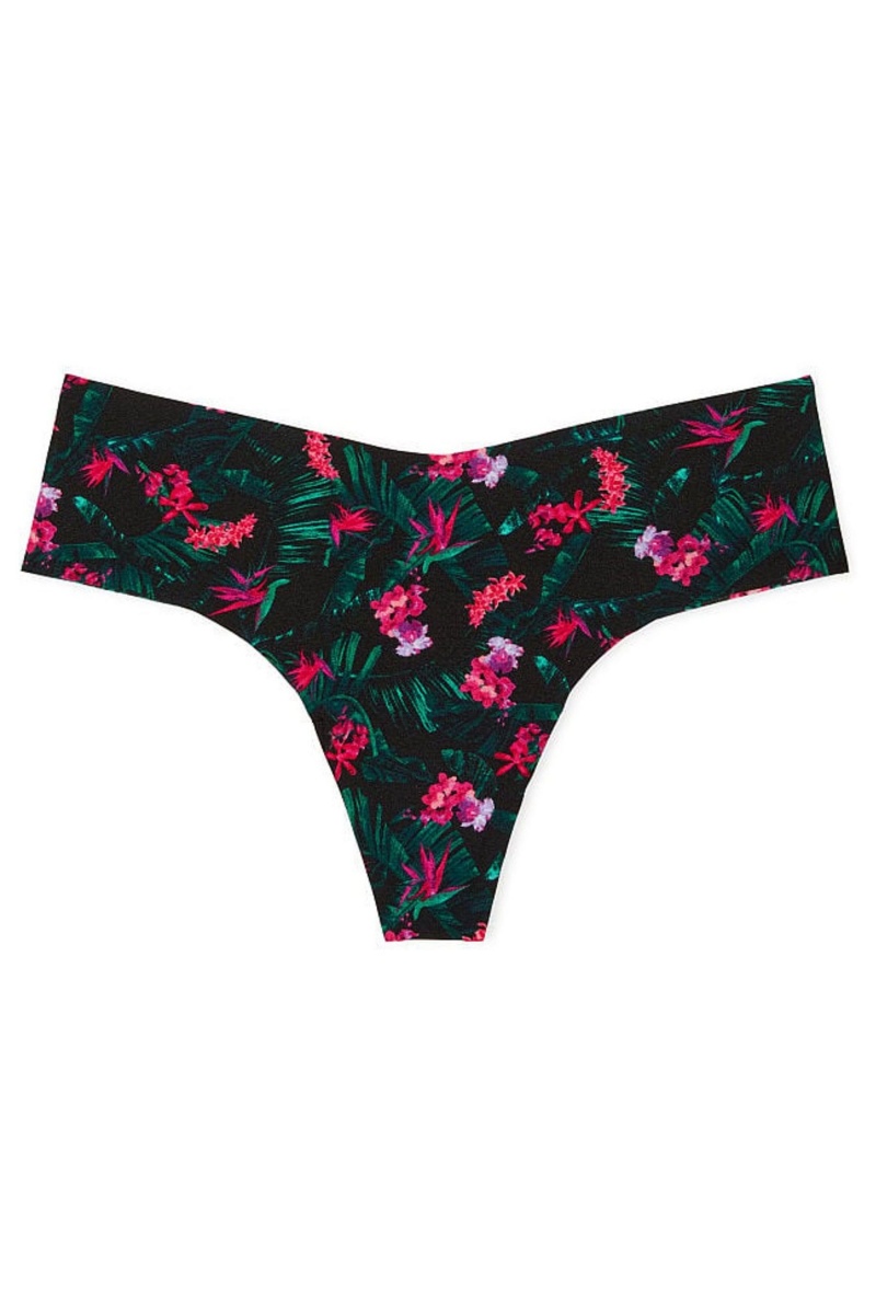 Black Tropical Palm Victoria's Secret Sexy Illusions by Victorias Secret No Show Thong Knickers | 2678EPNWO