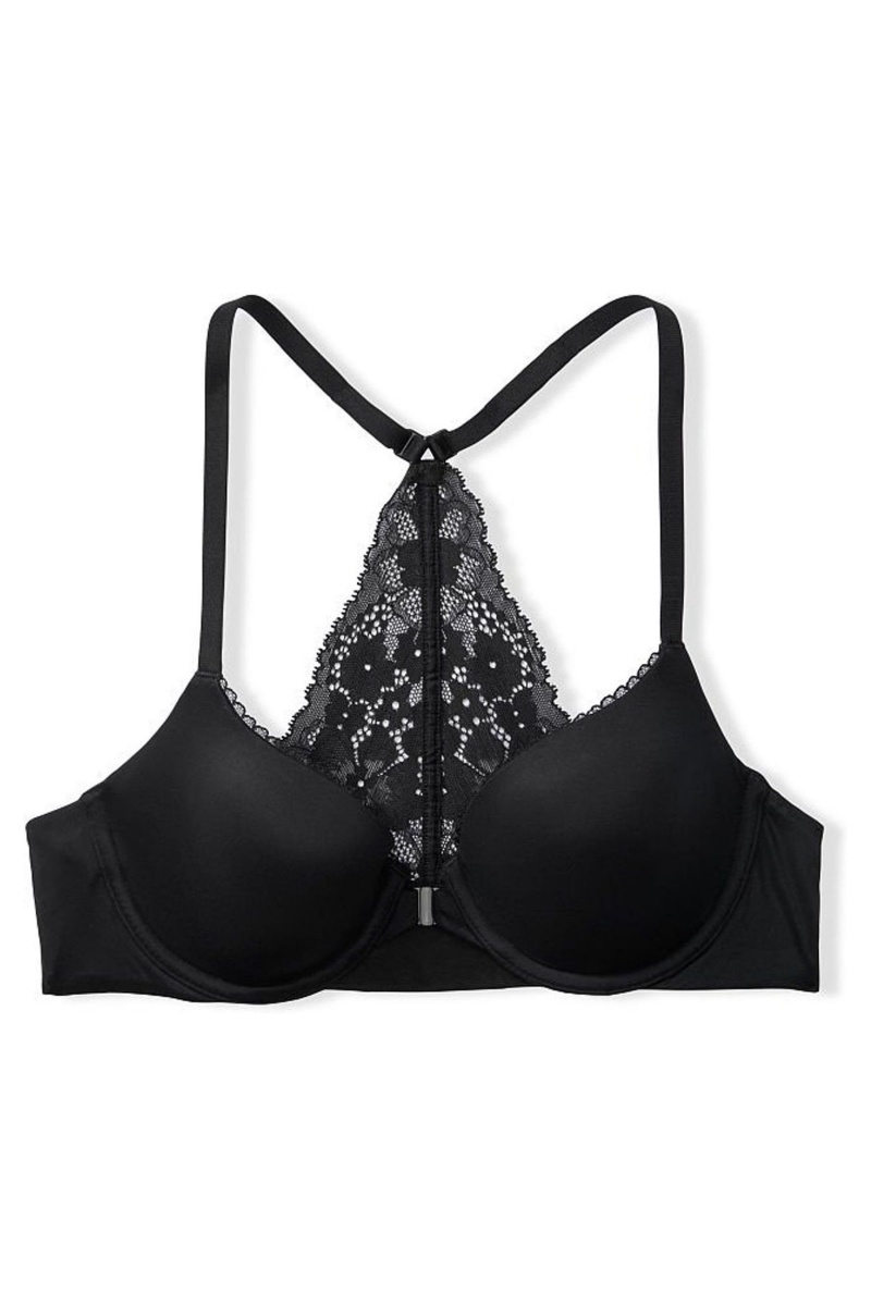 Black Victoria's Secret Body by Victoria Front Fastening Lace Trim Lightly Lined Demi Bra | 8132WYLNG