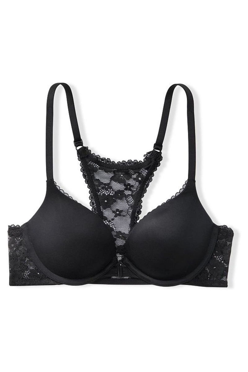 Black Victoria's Secret Body by Victoria Lace Trim Front Fastening Push Up Bra | 0261LMHUJ