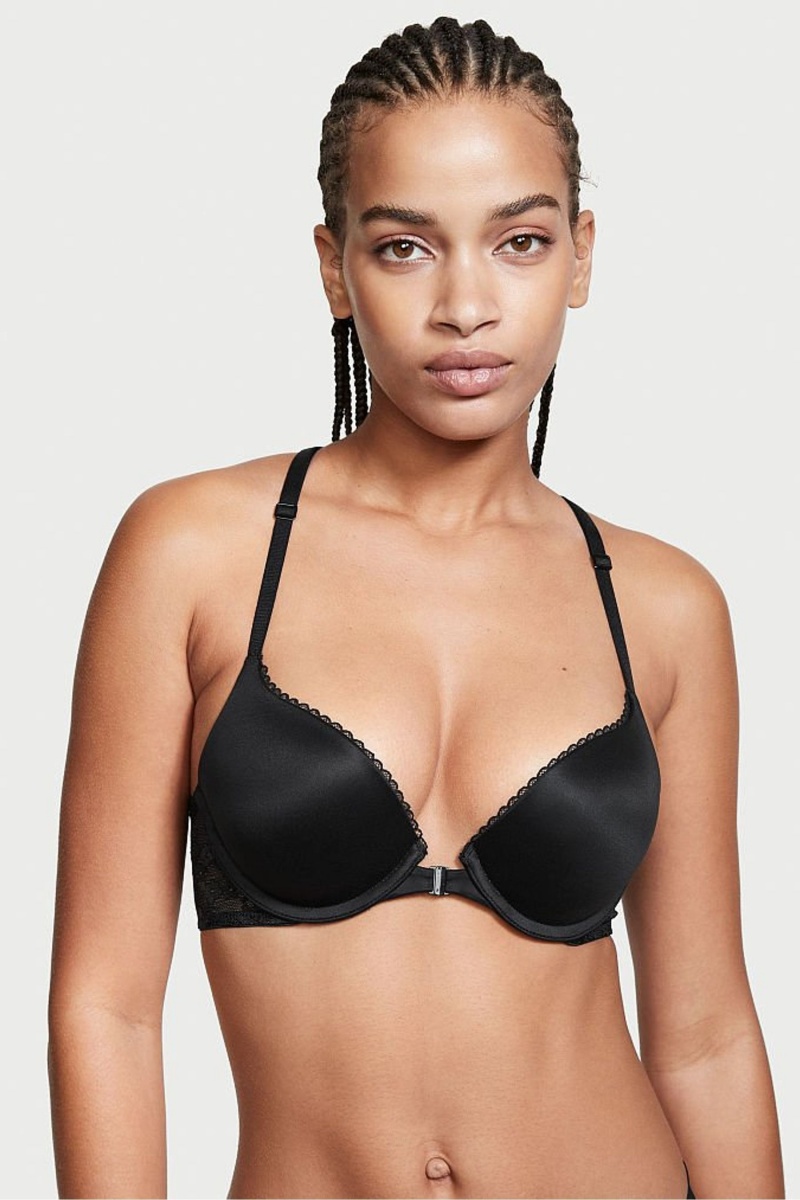 Black Victoria\'s Secret Body by Victoria Lace Trim Front Fastening Push Up Bra | 0261LMHUJ