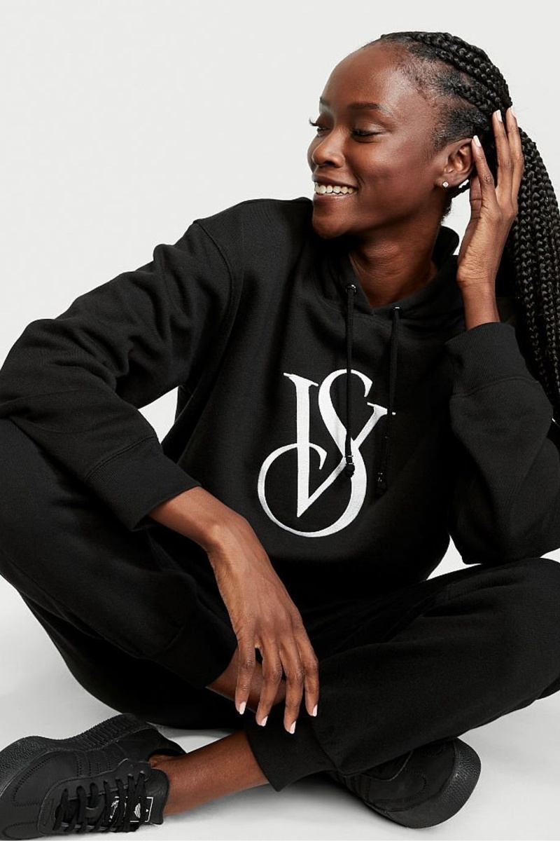 Black Victoria's Secret Fleece Lounge Logo Hoodie | 7285IHKFL