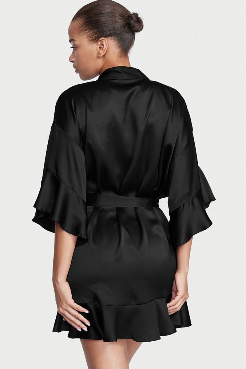 Black Victoria's Secret Flounce Satin Robe | 3687ZMECH