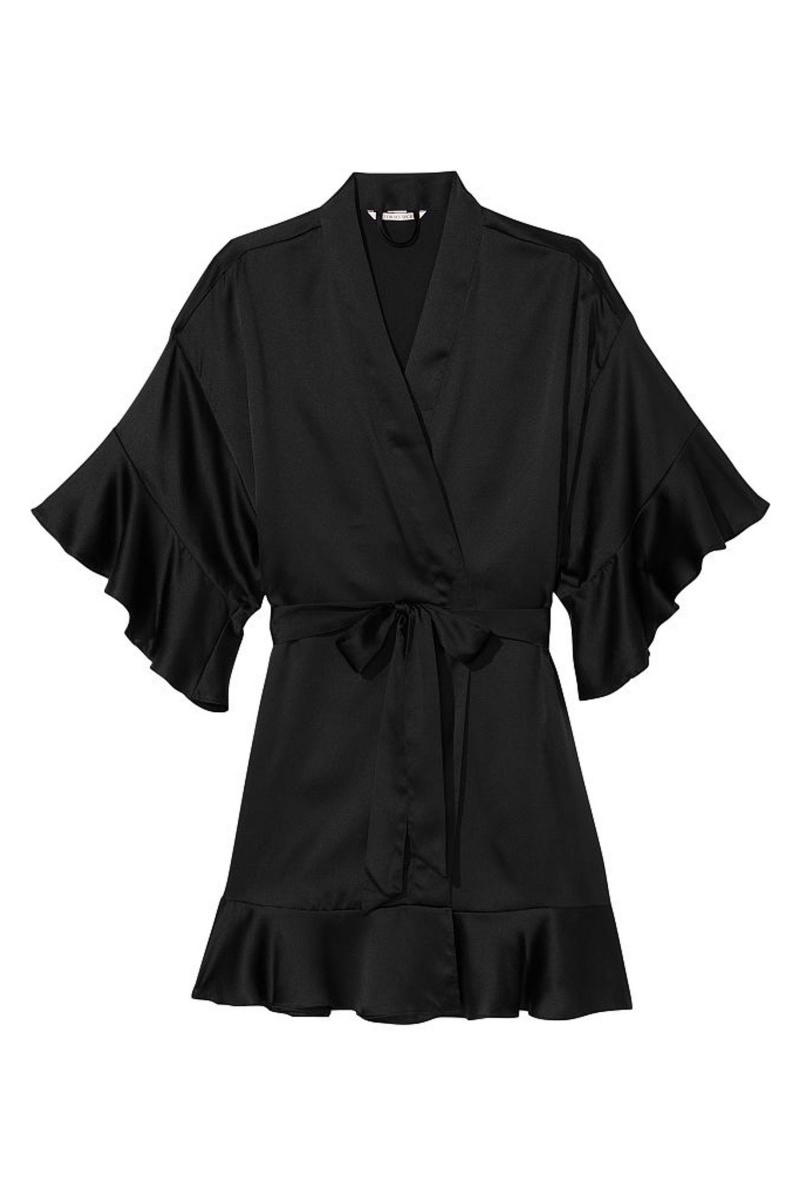 Black Victoria's Secret Flounce Satin Robe | 3687ZMECH