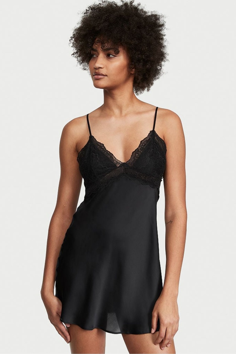 Black Victoria\'s Secret Lace Plunge OpenBack Slip | 2673XRJPZ