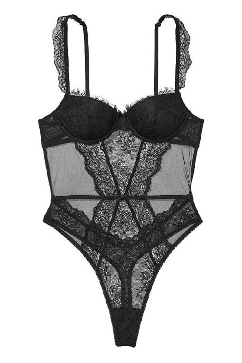 Black Victoria's Secret Lightly Lined Demi Lace Bodysuit | 4567PDRVW