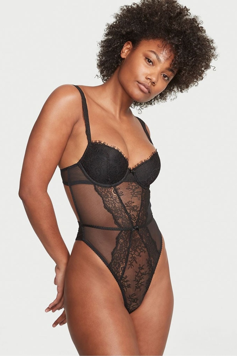 Black Victoria\'s Secret Lightly Lined Demi Lace Bodysuit | 4567PDRVW