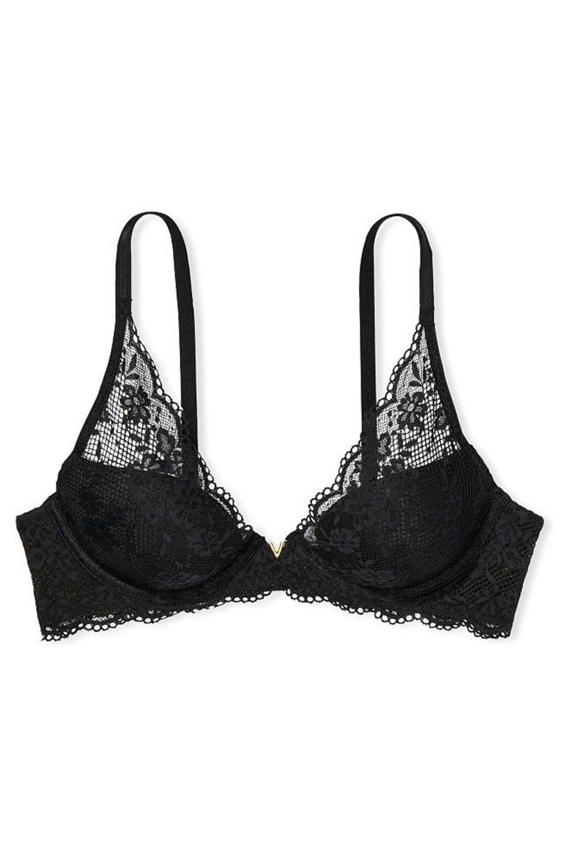 Black Victoria's Secret Love Cloud Lace Half Pad Plunge Bra | 2470GBLMZ