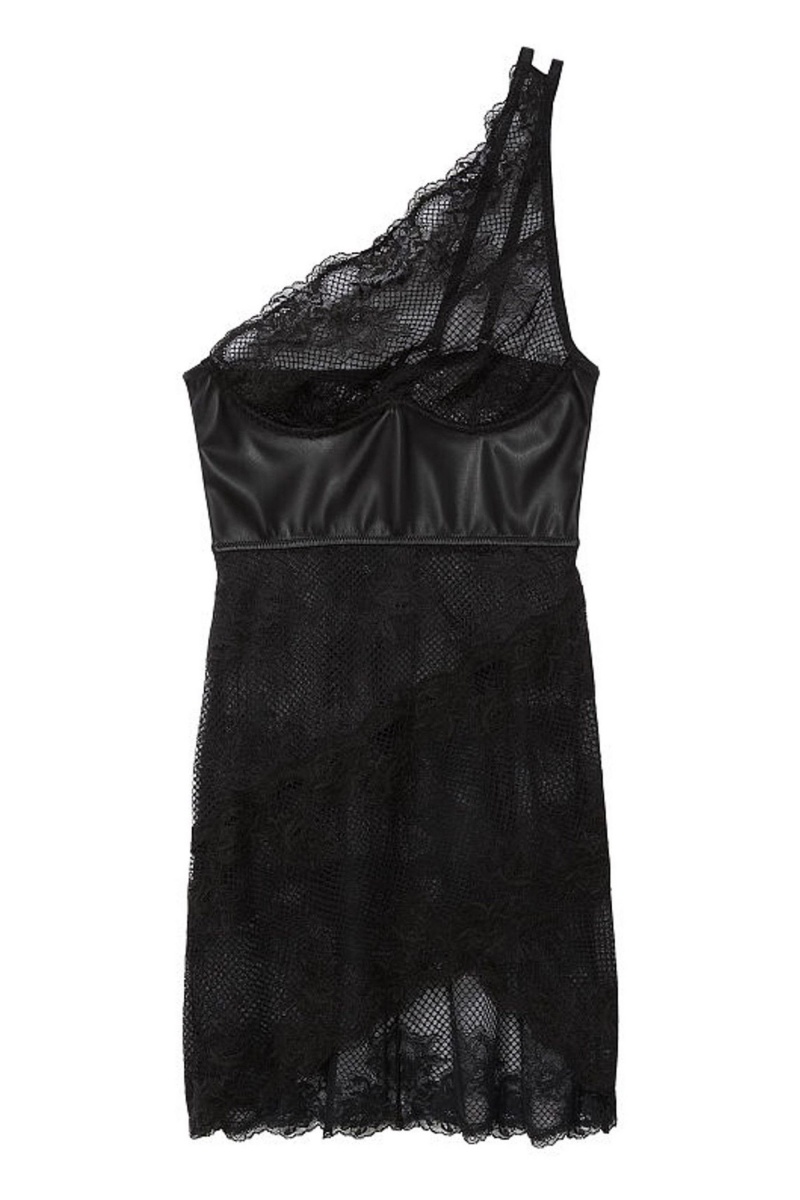 Black Victoria's Secret Luxe Lingerie One Shoulder Slip Dress | 6820AQOCW