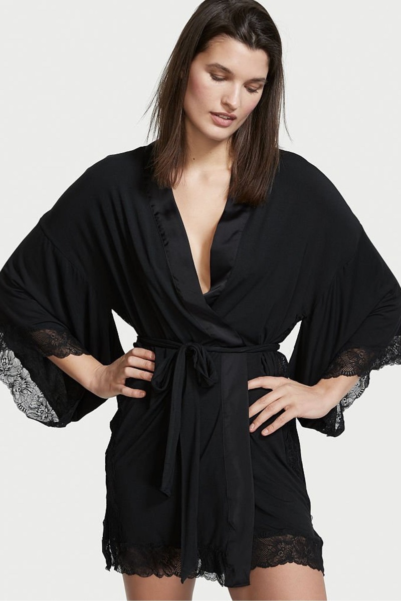 Black Victoria's Secret Modal Lace Robe | 7260MKJBL