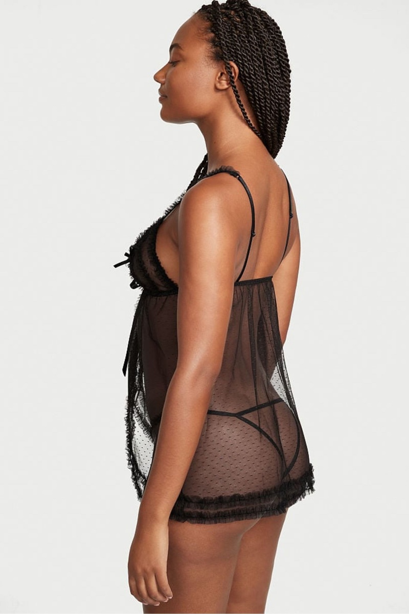 Black Victoria's Secret Ruffle Peekaboo Babydoll | 9102VUQGW