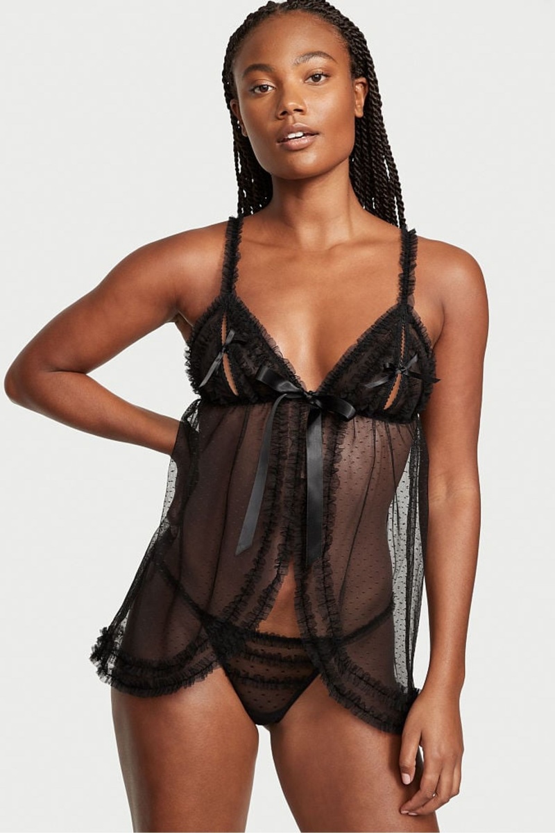 Black Victoria\'s Secret Ruffle Peekaboo Babydoll | 9102VUQGW