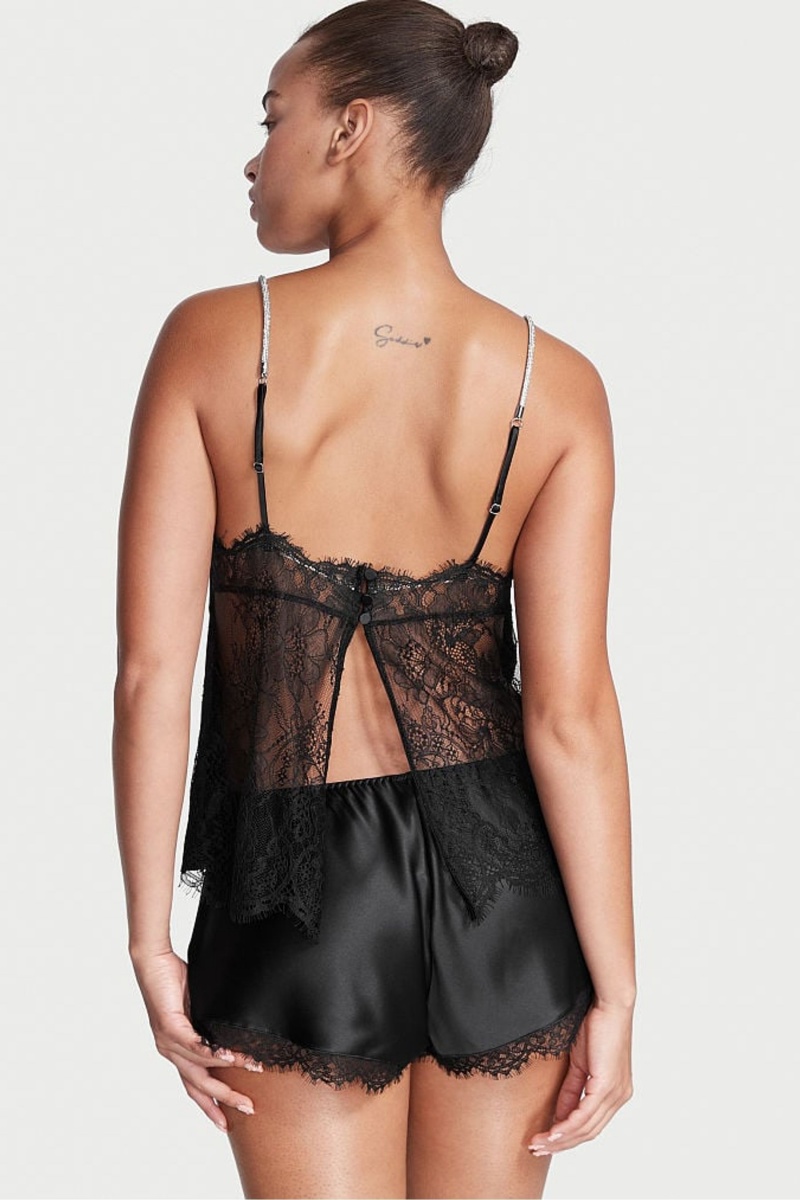 Black Victoria's Secret Satin Lace Back Cami Set | 9672NWCQH