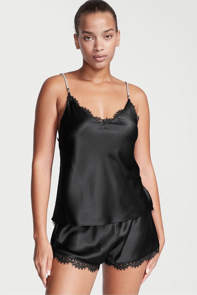 Black Victoria\'s Secret Satin Lace Back Cami Set | 9672NWCQH