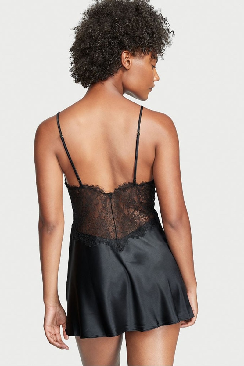 Black Victoria's Secret Satin Lace Slip Dress | 7420EHFPS