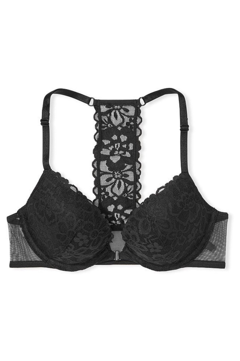 Black Victoria's Secret Sexy Tee Lace Front Fastening Lightly Lined T-Shirt Bra | 8135LPNSO