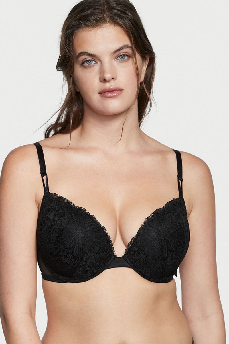 Black Victoria\'s Secret Sexy Tee Lace T-Shirt Push Up Bra | 7560NKLYS