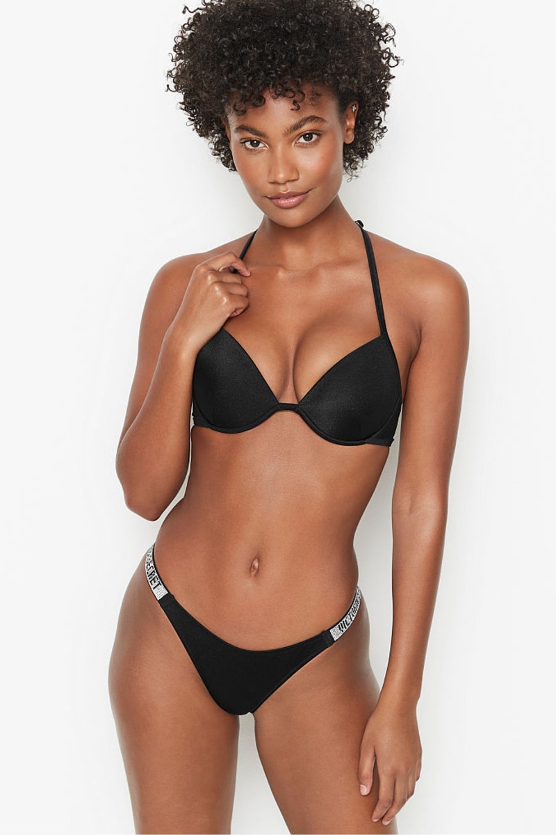 Black Victoria\'s Secret Shine Strap Swim Bikini Bottom | 6529MZDJA